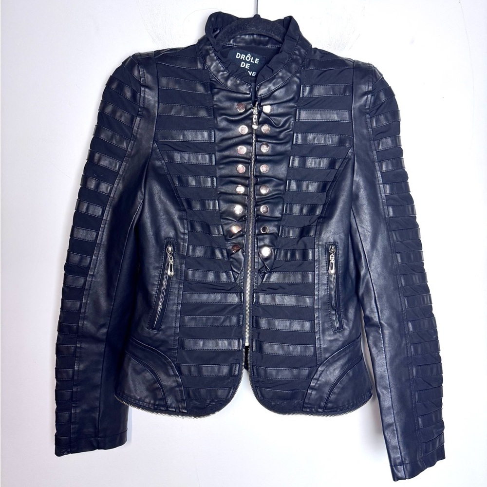 Drôle de Copine Paris Black Faux Leather Striped Jacket Gold Details Size M